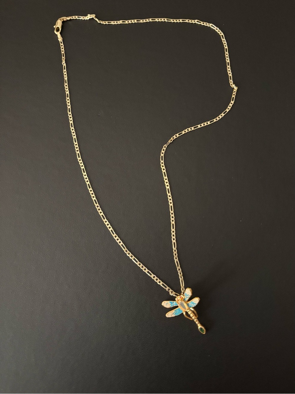 Gold Plated Dragonfly Pendant Necklace with Blue and Green Enamel w/Opal stone